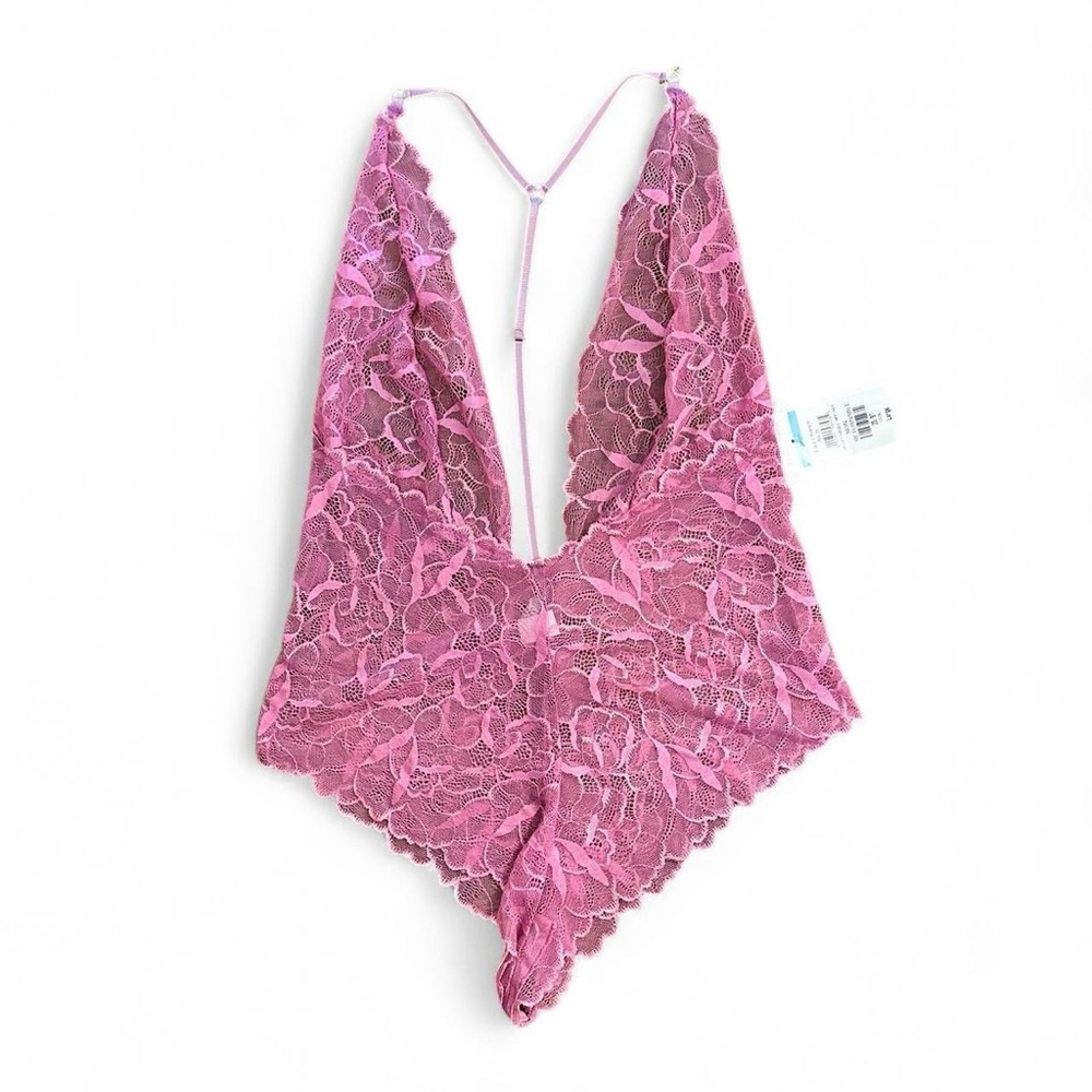 Suzy Black Pink Lace Bodysuit - Deep V Neck